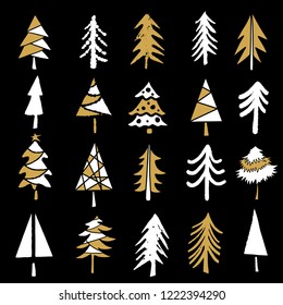 Christmas trees set. Sketch hand drawn icons. Isolated on black background