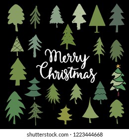 Christmas trees set. Sketch hand drawn icons. Isolated on black background. Merry Christmas handwritten font