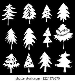 Christmas trees set. Sketch hand drawn icons. Isolated on black background