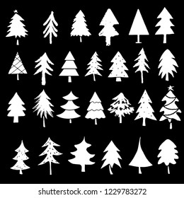 Christmas trees set. Sketch hand drawn icons. Isolated on black background