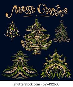 Christmas trees set. Stylish ornate hand drawn elements for New Year greeting card, label, banner, poster, sticker, accessory in vector. Inspirational Winter trendy design collection. Vintage style.