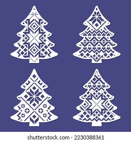 Christmas trees. A set of templates for laser cutting of paper, cardboard, wood, metal. For the design of Christmas tree decorations, New Year and Christmas decor, stencils, silkscreen printing. Vecto