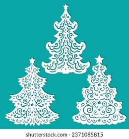 Christmas trees. A set of templates for laser cutting from paper, cardboard, wood, metal. For the design of Christmas decorations, Christmas tree decorations, cards, stickers, interior decorations. Ve