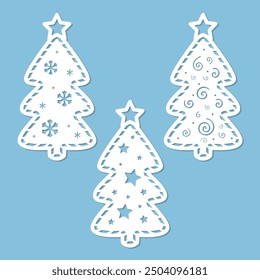 Christmas trees. Set of templates for laser cutting from paper, cardboard, wood, metal. For the design of Christmas and New Year decorations, cards, interior elements, stickers, Christmas tree toys, s