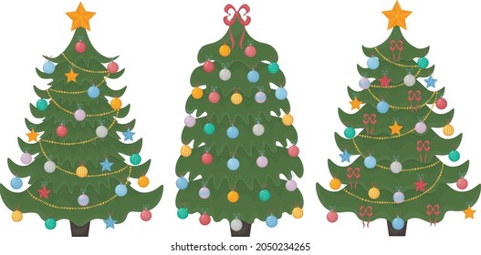 Christmas trees. A set of three Christmas trees decorated with festive toys, garlands and a golden star on the top and also bows. Vector illustration of a Christmas pine tree isolated