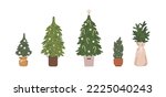 Christmas trees set. Traditional holiday firs with ornament in pot, green pine branches in craft paper, Xmas spruce with festive decoration. Flat vector illustrations isolated on white background