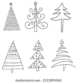 Conjunto de árboles de Navidad. Iconos del árbol de Navidad. Dibujado a mano en estilo doodle. Diseño perfecto para tarjetas de felicitación, carteles, camisetas, Anuncios, volantes, Web, invitaciones impresas.