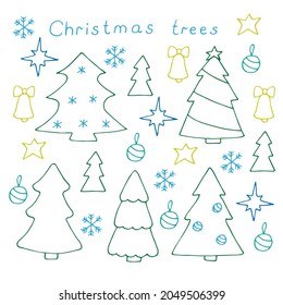 Christmas trees set vector illustration hand drawing doodles colored