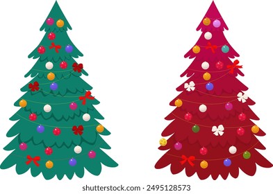 Christmas trees set with Xmas decorations, garlands , balls, bows. Holida yelements collection