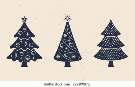Árboles de Navidad. Iconos del árbol de navidad aislados en fondo blanco. Elementos de diseño para logotipo, afiche, emblema, tarjeta de saludo, volante. Ilustración del vector