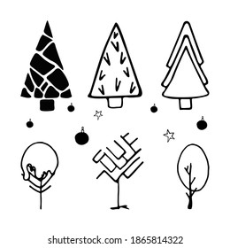 Christmas trees and trees set.Template for decorating Christmas cards, posters, packages, books, clothes.