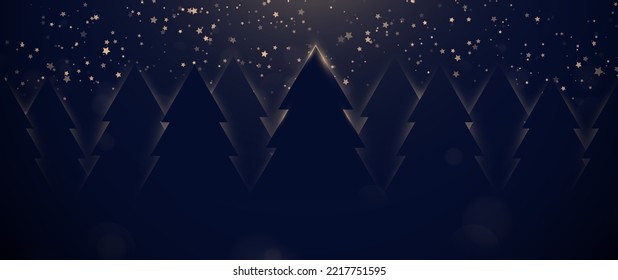 Christmas trees silhouette background with golden stars background. New year background. Vector illustration