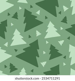 Árvores de Natal silhueta padrão sem costura no fundo da azeitona. Árvores verdes claras e escuras em estilo plano de Natal botânico. Para decoração de feriado, papel de presente, impressões.