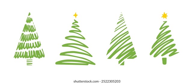 Christmas trees silhouettes isolated. Hand drawn brush strokes. Holidays clip art.