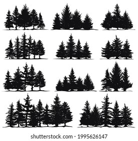 Christmas trees silhouettes. Spruce nature fir trees, coniferous forest evergreen pines isolated vector illustration set. Xmas pine trees silhouette