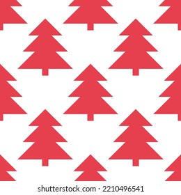 Christmas trees of simple geometric shape, seamless pattern in cartoon style. Vector drawing, monochrome color, red Christmas trees on a white background. Winter background for fabrics, wrapping paper