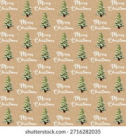 Árboles de Navidad en la nieve y texto de felicitación. Patrón sin fisuras de Vector con texto de Navidades y abetos verdes en la nieve sobre un fondo de color.