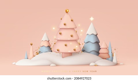 Christmas trees in snow drifts festive realistic 3d new year composition. Soft pastel color blue and pink white. Xmas minimal abstract background. Holiday greeting card, banner. Vector illustration