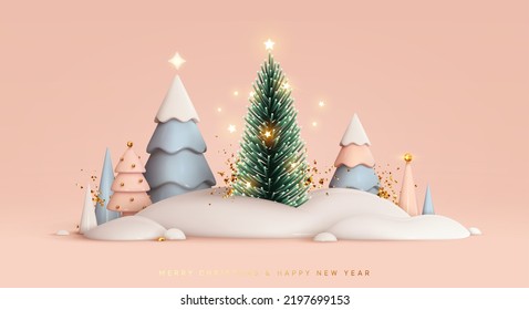 Christmas trees in snow drifts festive realistic 3d new year composition. Soft pastel color blue and pink white. Xmas minimal abstract background. Holiday greeting card, banner. Vector illustration