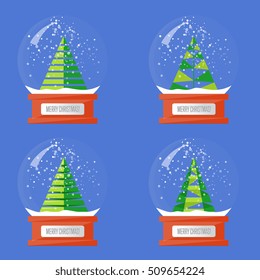 Christmas trees in snow globes. Xmas snow globes and christmas tree characters. Merry Christmas and Happy New Year concepts