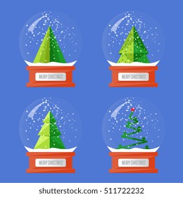 Christmas trees in snow globes. Xmas snow globes and christmas tree characters. Merry Christmas and Happy New Year concepts.