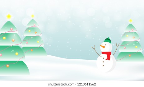 Christmas trees and snow man in winter landscape. Merry chrismas illustration background design. 10 eps vector.