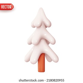 Christmas trees in snow. New Year's holiday decor. Abstract decorative festive conical shape tree. Realistic 3d design element In cartoon style. Icon isolated on white background. Vector illustration