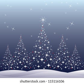 christmas trees with snow and night sky with stars