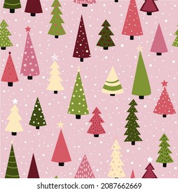 Christmas trees with snow on pink background seamless pattern