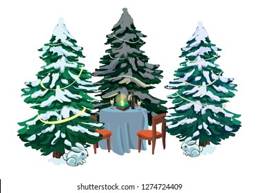 Christmas trees in snow with table and bunnies, vector hand drawn illustration