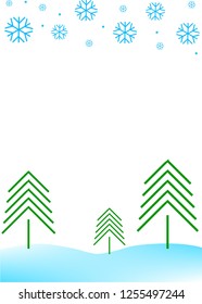 Christmas trees in the snow under blue snowflakes, vector image with a transparent background, free space for text