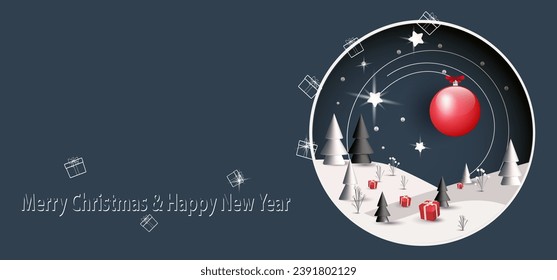 Christmas trees in snowdrifts and presents on black background. Greeting card template with a cute nighttime Christmas landscape. 