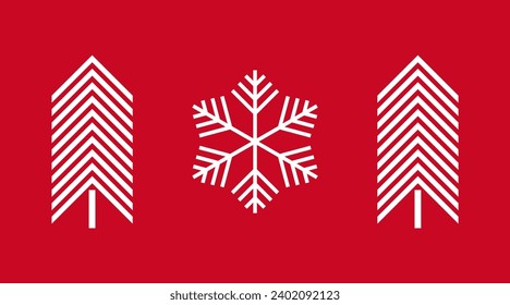 Árboles de Navidad y tarjeta roja de diseño abstracto de copas de nieve. Ilustración vectorial.