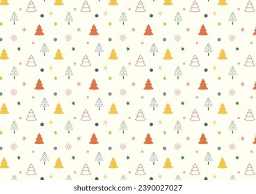 Weihnachtsbäume und Schneeflocken, Hintergrund. Vektorgrafik, flaches Muster mit weißen Weihnachtsbäumen und Schneeflocken auf hellem Hintergrund.