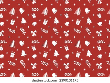 Christmas trees and snowflakes, background. Vector, flat pattern with white Christmas trees and snowflakes on red background.