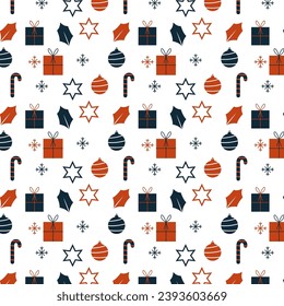 Christmas trees and snowflakes, background. Vector, flat pattern with white Christmas trees and snowflakes on cream background.