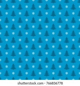 Christmas trees and snowflakes. Blue background. Vector seamless pattern