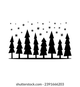 Christmas trees and snowflakes icon. Landscape, nature. Black silhouette. Front side view. Vector simple flat graphic illustration. Isolated object on a white background. Isolate.