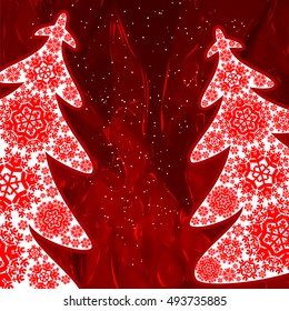 Christmas trees from snowflakes. Red christmas background.