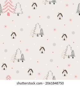 Christmas trees - snowflakes - tiny house on the warm background color, seamless pattern, vector illustration.