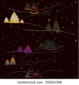 Christmas trees and snowflakes. Vector illustration winter night.