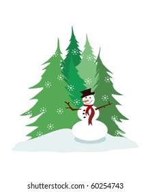 Christmas trees and snowman vector