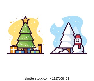 Christmas trees and snowman vector illustrations