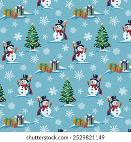 Christmas trees and snowmen in a pattern.Vector seamless pattern with decorated Christmas trees, snowmen and snowflakes on a blue background.