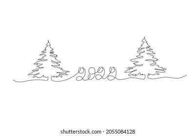 Christmas trees or spruce. Vector illustration made in one line with the numbers of the new year 2022. Suitable for holiday typography, website design, discount banners, brochures, catalogs 