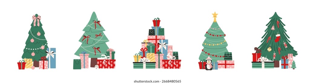 Árvores de Natal com pilhas de caixas de presente. Conjunto de ilustrações isoladas planas de árvores de férias decoradas com enfeites de Natal, bolinhas, guirlandas e arcos. Elementos festivos para projetos de Ano Novo.