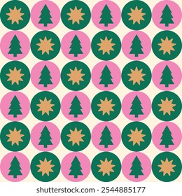 christmas trees and stars green and pink geometric seamless pattern celebrating holidays. for surface pattern design, print, wallpaper, wrapping paper, fabric