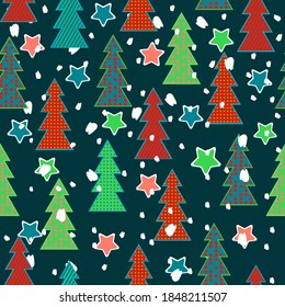 Christmas trees and stars seamless pattern.Bright multicolored Christmas trees design for wrapping paper,textile,banner,web,app.