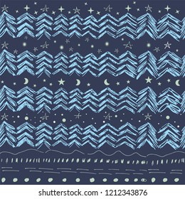 Christmas trees, stars and snowflakes in blue color seamless pattern on blue grey background