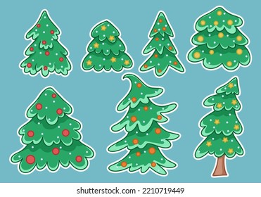 Christmas trees stickers set. Festive Christmas trees decorated with balls and stars. Green fir trees hand drawn printable collection vector